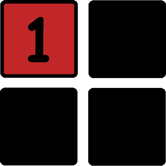Four squares arranged together, with one red square with a one inside, and the other three blacked out.